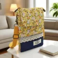 Borsa a tracolla per telefono in tela floreale con patchwork in denim e pizzo dolce - Tracolla a 5 Strati / Floreale Giallo