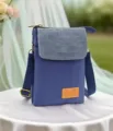 Blue Fabric Mobile Phone Crossbody Bag Small Shoulder Bag with Flap and Adjustable Strap - Solid Color 5 Layers - Blue