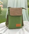 Green canvas cross-body phone bag with brown textured flap, casual mini shoulder bag for women. - Solid Color 5 Layers - Green