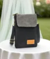 Canvas crossbody phone bag for women, grey flap and black body with shoulder strap. - Solid Color 5 Layers - Black