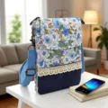 Floral canvas cross-body phone bag with lace trim, small casual shoulder pouch for women. - Light Blue Rose Patchwork - 5 Layers Crossbody
