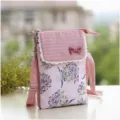 Pink floral fabric crossbody phone bag with lace and bow, compact shoulder bag variant. - Pink - Bouquet 5 Layers