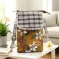 Floral crossbody phone bag with plaid flap and lace trim, vintage casual canvas mini shoulder bag. - Fashion Orange Nine-Color Flower 5-Layer