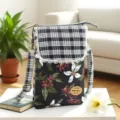 Pastoral fabric crossbody phone bag, black plaid flap, floral print shoulder bag for women. - Charcoal Black - Nine-Color Flower 5 Layers