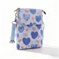 Casual floral crossbody phone bag with heart print, light blue canvas shoulder bag for women. - Blue Heart Polka Dot - Oil Painting 5 Layers