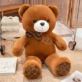Brown teddy bear plush toy detail showing soft fabric texture, cute check bow and heart patch. - Dark Brown Teddy Bear / 40 cm
