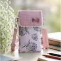 Sweet floral print cotton crossbody phone bag with bow lace trim detail for women and girls. - Floral 3-Layer - Light Pink