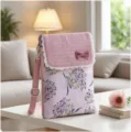 Pink floral canvas crossbody phone bag with cute bow and lace trim, perfect for daily use. - Light Pink Bouquet 5-Layer