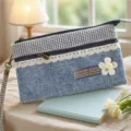 Τσάντα clutch από denim με μοτίβο houndstooth, δαντέλα και διπλό φερμουάρ για γυναίκες. - Μονόχρωμο Μπλε Clutch