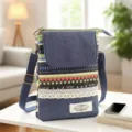 Borsa a tracolla in denim con motivo etnico tessuto, pratica custodia per smartphone da donna. - Verde Stile Etnico 5 Strati