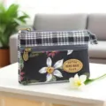 Cotton fabric coin purse with black white plaid and floral print, double zipper design. - Charcoal Black Nine-Flower Square Coin Purse