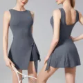 Sleeveless athletic tennis dress romper with built-in shorts, quick-dry fitness yoga wear. - Gray