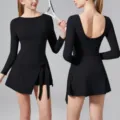 Femme noire manches longues robe de tennis sportive une piece seche vite yoga fitness tenue - S / Ensemble / Noir