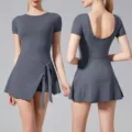 Robe de tennis de sport à manches courtes pour femmes combinaison de fitness yoga gris - Gris