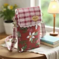 Joli sac bandoulière de téléphone en coton floral avec rabat à carreaux rouges quotidien. - Fleur Neuf Couleurs 3 Couches - Rouge Jujube