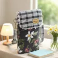 Sweet pastoral style floral crossbody phone bag with black plaid flap and shoulder strap. - Nine-Color Flower 3-Layer - Charcoal Black