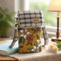 Sac bandoulière téléphone en coton avec rabat à carreaux et motif floral pour femmes. - Fleur Neuf Couleurs 3 Couches - Orange Tendance