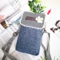 Sweet pastoral houndstooth denim crossbody phone bag with cute flower decor and strap. - Plain Blue - 3-Layer Phone Bag