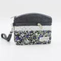 Floral denim coin purse with lace trim, double zippers and wrist strap for women. - Lavender Purple
