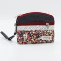 Floral denim coin purse with double zipper, lace trim and wrist strap for daily use. - Lavender Red