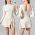 Femme manches longues sport tennis robe anti-reflet fitness yoga romper blanc neuf - S / Ensemble / Blanc