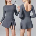 Women long sleeve athletic tennis dress romper quick dry fitness yoga workout activewear - Gray