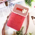 Borsa a tracolla per cellulare in lino rosso con patta pied-de-poule e decorazione floreale. - Rosso Tinta Unita - Borsa Telefono a 3 Strati
