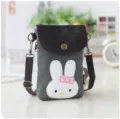 Canvas crossbody phone bag with cute rabbit patch, brown leather flap and adjustable strap. - Army Green Rabbit Embroidery