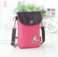 Pink canvas crossbody phone bag with dark brown leather flap and cute embroidered rose flower. - Cherry Red Floral Embroidery