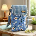 Floral cotton crossbody phone bag with plaid flap, small shoulder bag for women daily use. - Sky Blue with Flower