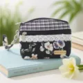 Floral fabric coin purse with wrist strap, cute small zipper pouch for keys and cards. - Charcoal Black Morning Glory