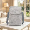 Borsa a tracolla casual in tessuto per cellulare con stampa a foglie grigie, chic. - Grigio - Foglia Grande 5 Strati