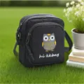 Black nylon crossbody bag with cute embroidered owl pattern, small daily shoulder bag for women. - Owl Black-NL Embroidery