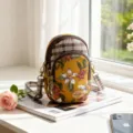 Blumen Karo Mehrschicht Umhängetasche, gelbe Handy Umhängetasche für Damen modisch. - Orange