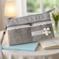 Γυναικεία τσάντα clutch από λινό και pied-de-poule, κομψή τσάντα χειρός με διπλό φερμουάρ. - Μονόχρωμο Γκρι Πράσινο Clutch