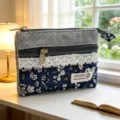 Floral cotton double zipper coin purse with lace trim, cute pastoral style pouch bag. - Royal Blue Wild Chrysanthemum Square Coin Purse