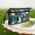 Sac à main pochette multi-couches pour femmes en toile à imprimé cartoon bleu - Ours de la Forêt / Bleu Cyan