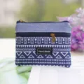 Blue cotton linen geometric double zipper coin purse, cute small pouch for women daily use. - White Striped Blue Square Coin Purse