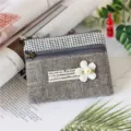 Cotton linen houndstooth coin purse double zipper wallet small pouch with fabric flower decor - Coin Purse / Plain Gray Green