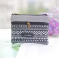 Cotton linen double zipper coin purse, grey geometric small pouch for women daily use. - Coin Purse / White Stripe Black