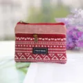 Red linen double zipper coin purse with ethnic geometric pattern, compact and practical. - Coin Purse / White Stripe Red