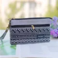 Sac pochette en toile géométrique noir et blanc, trousse zippée multicouche. - Noir Gris Blanc Rayé Pochette