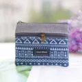 Canvas coin purse with geometric pattern and double zipper, portable storage bag for women. - Coin Purse / White Stripe Dark Green