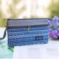 Sac pochette en toile bleue avec motif géométrique, trousse zippée multicouche, lanière de poignet. - Vert Foncé Blanc Rayé Pochette