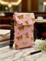 Pink canvas crossbody phone bag with cute cartoon bear pattern and adjustable strap. - Little Bear - Pink