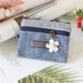 Denim and Houndstooth Pattern Multi-Layer Cotton Coin Purse with Fabric Flower Accent Blue - Plain Blue Square Coin Purse
