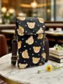 Cute cartoon bear print crossbody phone bag for women, canvas shoulder bag with brown straps. - Little Bear - Black