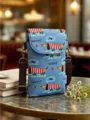 Cute dachshund print crossbody phone bag with adjustable brown strap for women daily use. - Striped Dog - Sky Blue