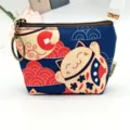 Schattig canvas portemonneetje met gelukskat print, ritssluiting en sleutelhangerring. - Zilveren Tas Gelukskat - Blauw