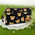 Multilayer canvas clutch bag met schattig berenpatroon en polsband voor dagelijks gebruik. - Zwart